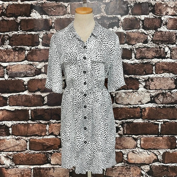 Topshop Shirt Dress Women's 8 Black White Leopard Print Button Up Retro - Picture 5 of 15